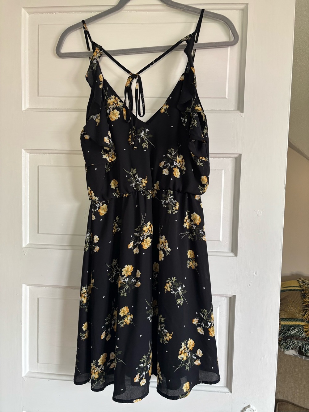 Lush Black Floral Tie-Back Mini Dress with Yellow Blossoms